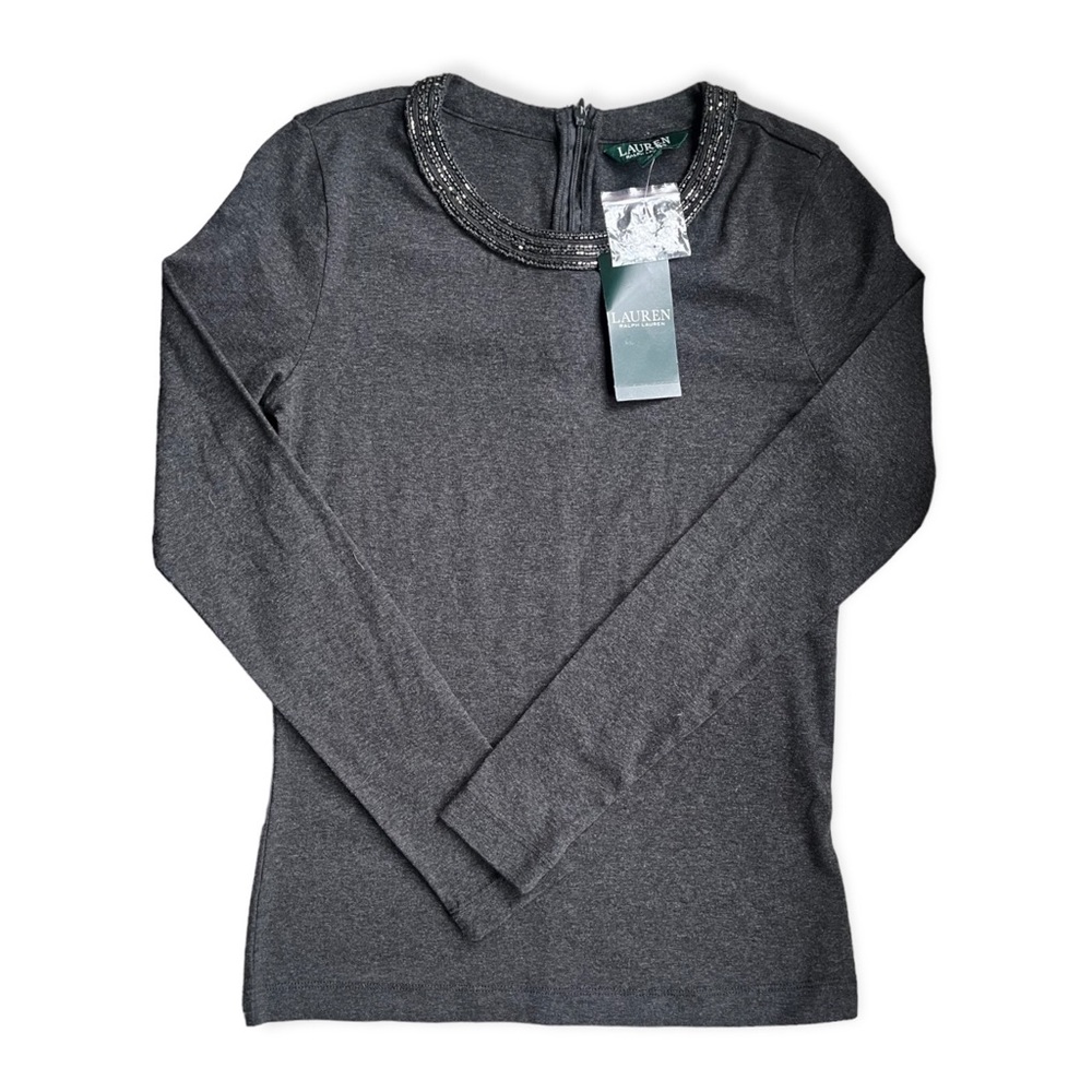 NWT Lauren Ralph Lauren Dark Heathered Grey L/S Shirt w/ Beaded Neckline, sz Sm